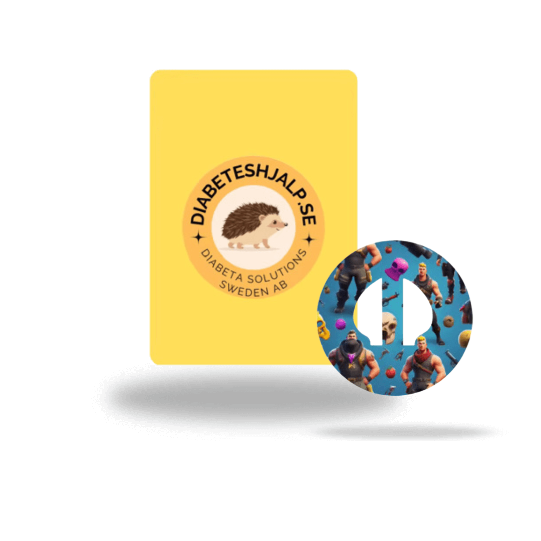 Medtronic Guardian 4 Fortnite CGM-sensor overpatch med spelinspirerad design och Diabeteshjälp.se förpackning