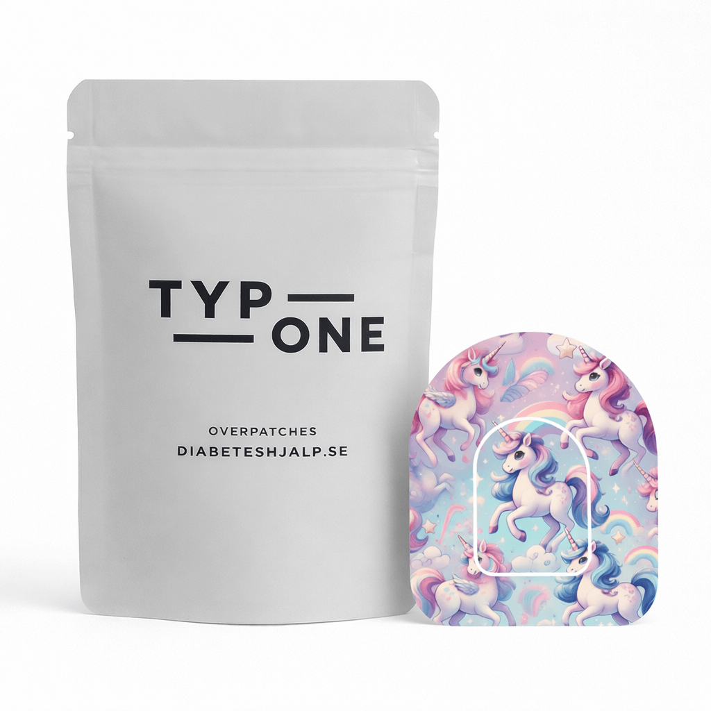 Unicorn Omnipod Overpatch för extra fäste och personlig design till Omnipod insulinpump, med färgglad enhörningsmotiv.