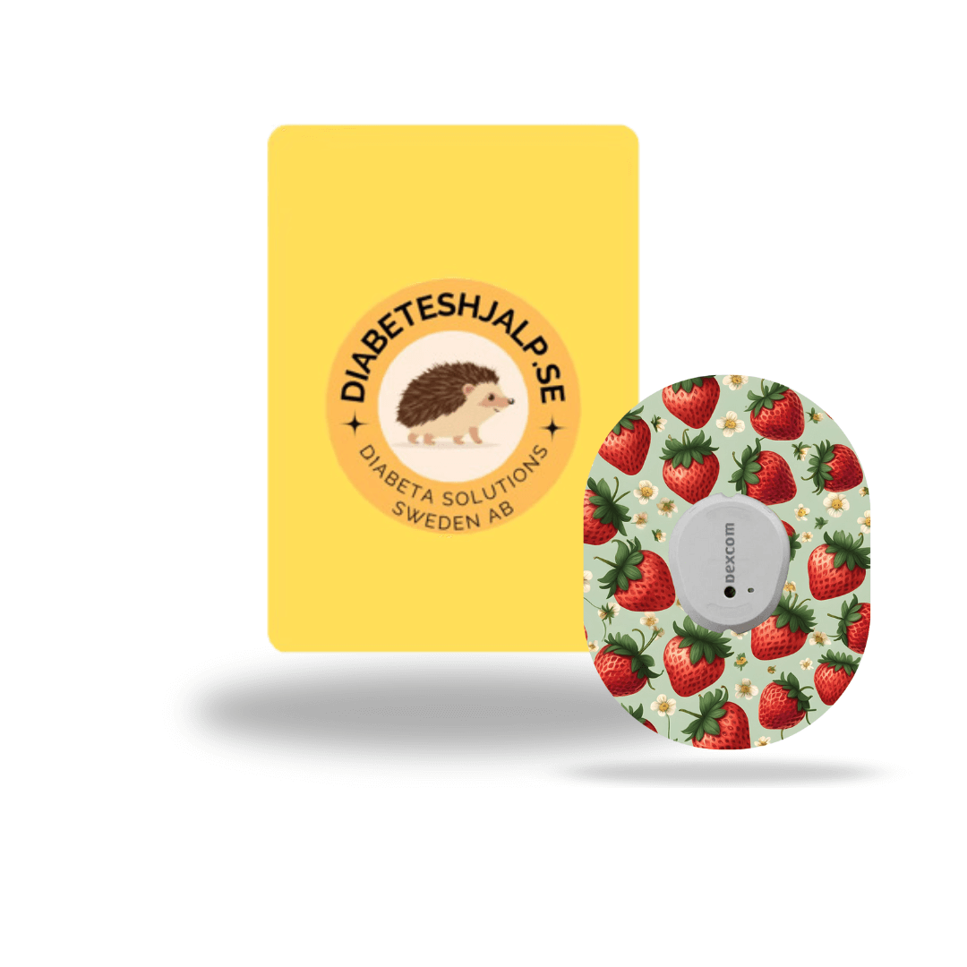 Dexcom G7 Strawberry CGM-sensor överplåster med jordgubbsmotiv för en färgstark och personlig diabetesvård.