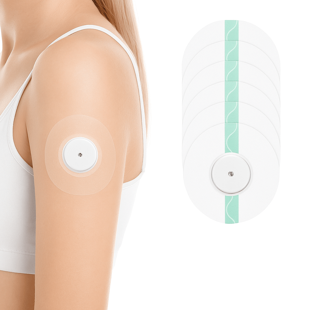 Freestyle Libre sensor med transparent CGM patch för säker fixering och vattentät skydd, diskret och perfekt för träning och bad.