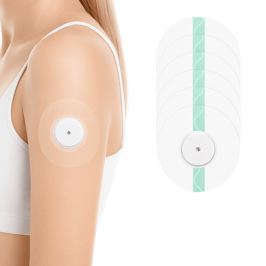 Freestyle Libre sensor med transparent CGM patch för säker fixering och vattentät skydd, diskret och perfekt för träning och bad.