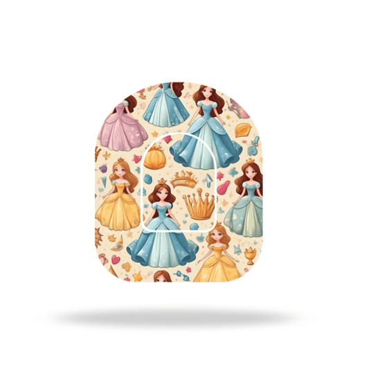 Prinsessans Overpatches för Omnipod 5 & Dash med färgglada prinsessor och kronor, inkl. pumpsticker för extra stabilitet.