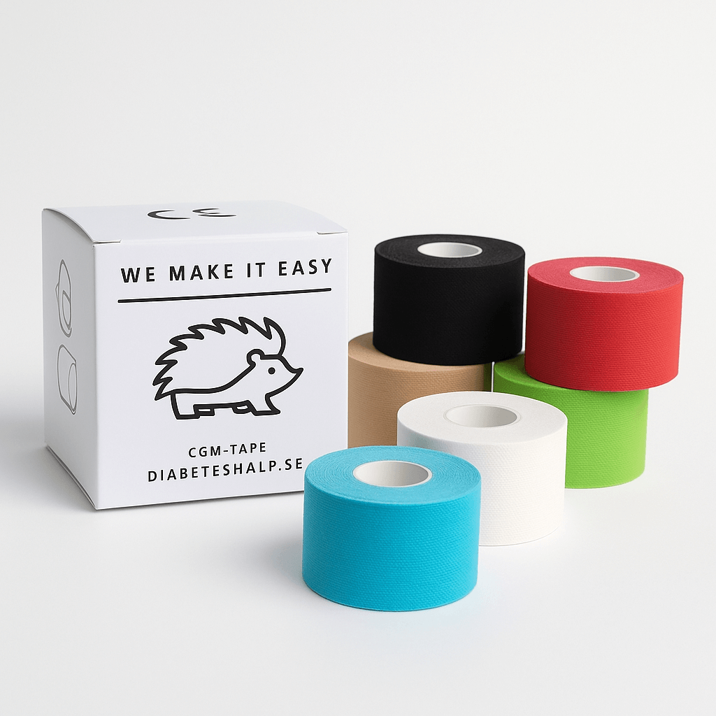 CGM-sensorpumps tejp i olika färger bredvid originalförpackning, säker och hudvänlig fäste för diabetesvård.