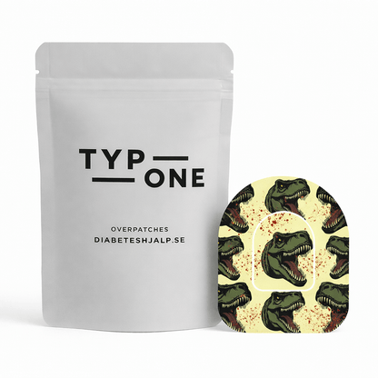 Omnipod Overpatch T-Rex vattentålig tejp med dinosauriemönster, för diabetesövervakning.