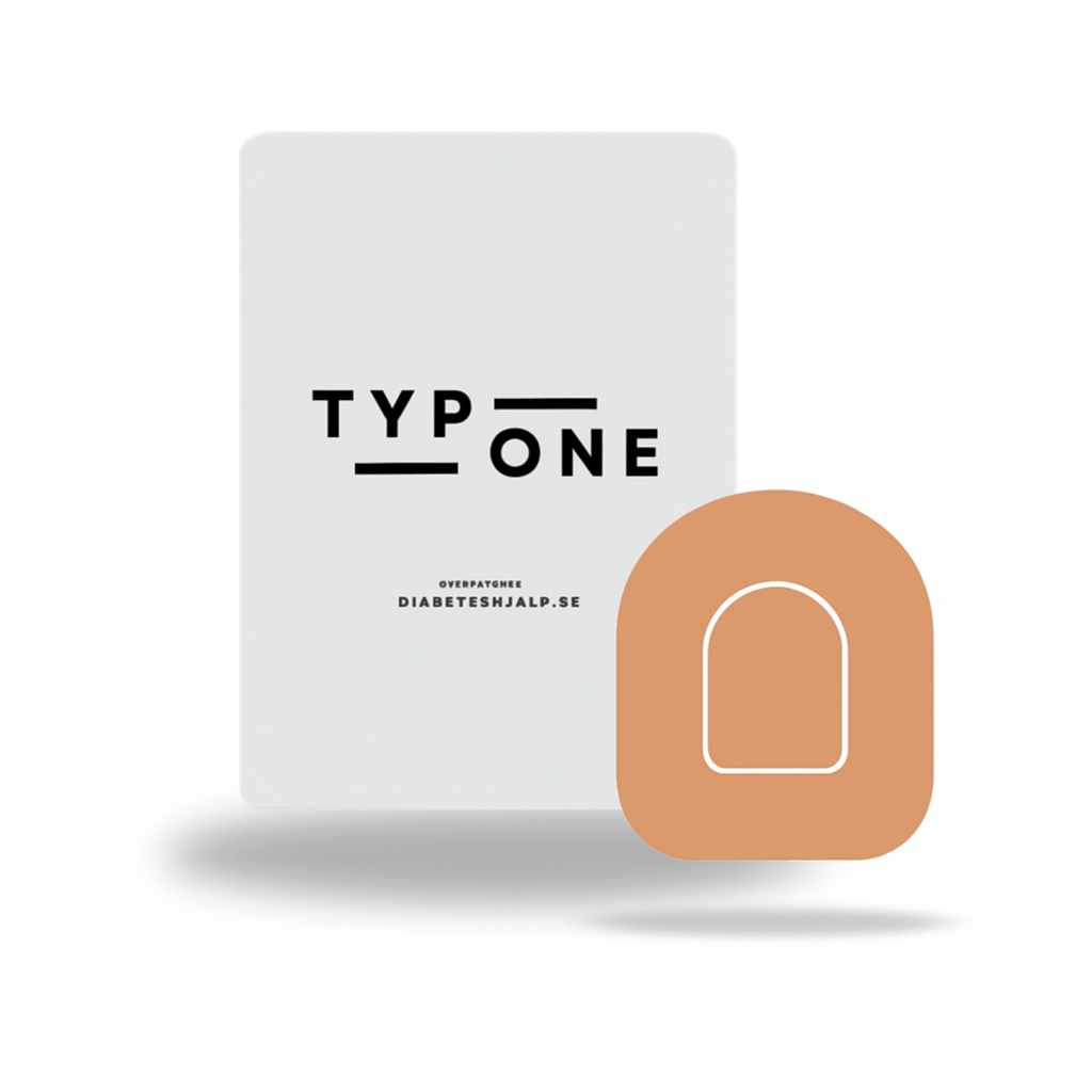 TypOne beige pump overpatches för Omnipod 5 och Dash med pump sticker.
