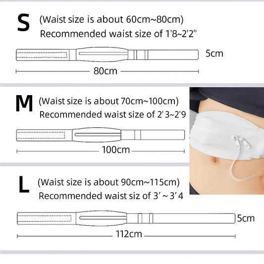 Storleksguide för Midjeband - Insulinpump Midjeband, visar S, M och L storlekar för optimal komfort och säkerhet.