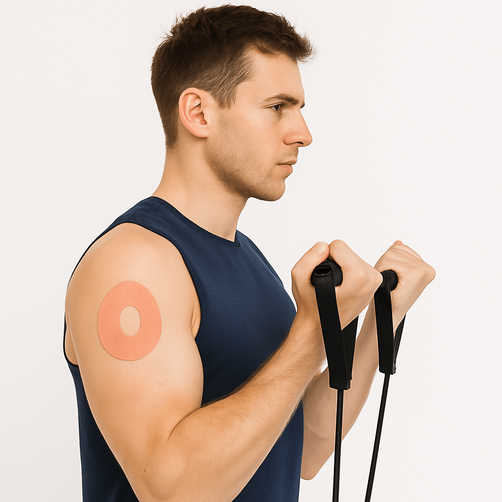 Man using fitness bands with Dexcom G7 Sport CGM-Sensor overpatch Beige on arm.
