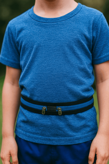 Midjeband för tandempump justerbar neopren 75-120cm, visas på barn i blå tröja för säker förvaring av insulinpump.