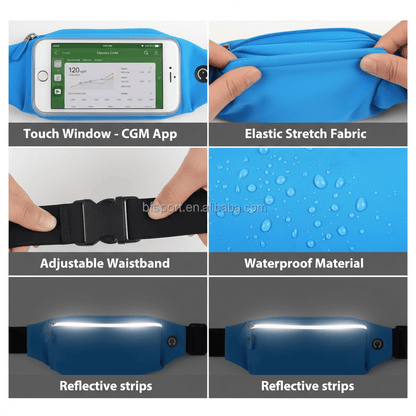 GlukoBältet Touch - Vattentätt löparbälte med touchfönster och reflekterande remsor för säker träning och glukoskontroll.
