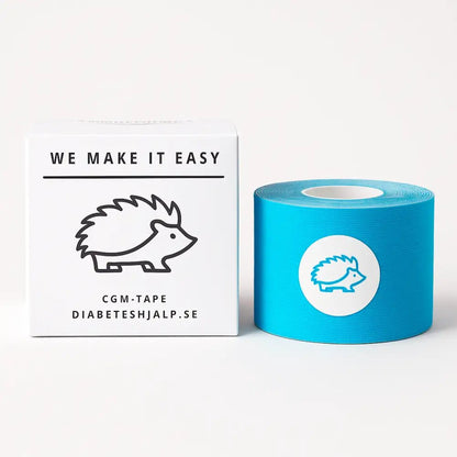 Tejp för CGM-sensor och insulinpump för extra stark fixering, blå rulle med förpackning.