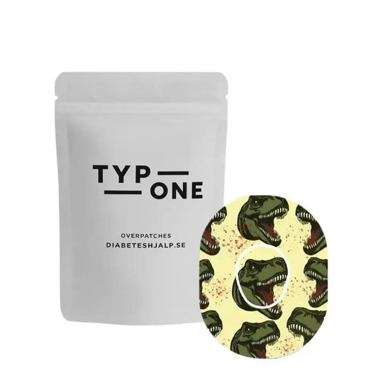 Dexcom G7 T-Rex Overpatch med dinosauriemotiv bredvid förpackning