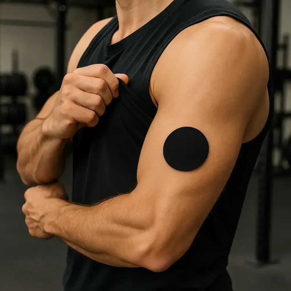 Man visar Dexcom G7 fullcover svart overpatch på armen, idealisk för säker sensortillgänglighet under träning och aktivitet.