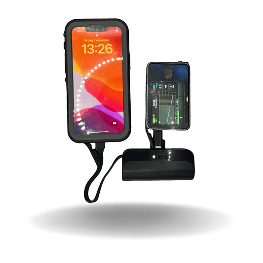 Diapower Powerbank 3-i-1 laddar iPhone och insulinpump Tandem t:slim X2 samtidigt. Kompakt 5000mAh för USB-C-enheter.
