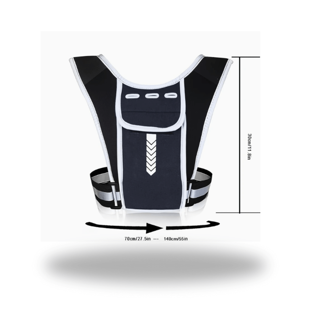 Diawest Lättviktsryggsäck - Multifunktionell väst för aktiv livsstil, svart design, visad framifrån med måttillustration.