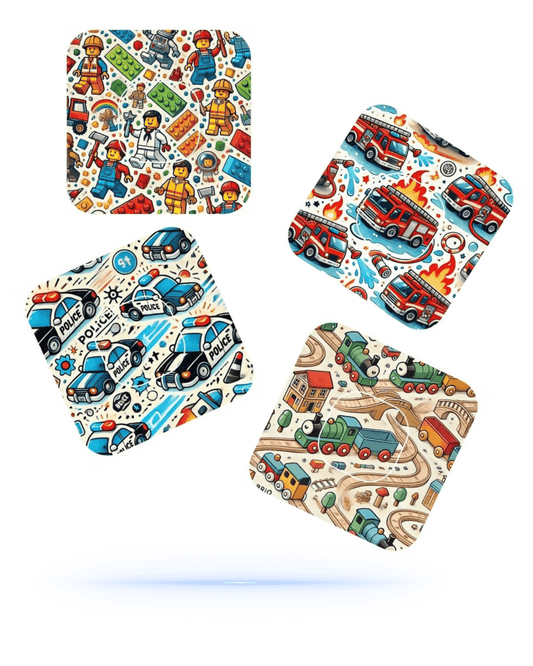 Happy Mix Pack för Simplera Sync CGM overpatches med polisbilar, brandbilar, Brio Tåg och Lego-motiv.