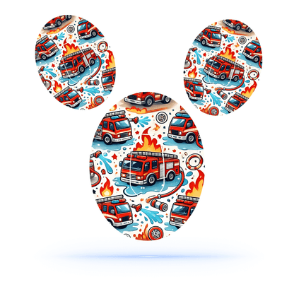 Brandbil CGM-sensor overpatches för Dexcom G6 med brandbilsmotiv och sensorstickers.