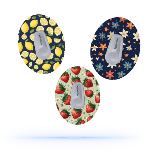 Dexcom G6 NightFruit MixPack CGM överplåster, tre färgglada designer med fruktmotiv för unikt och färgstarkt sensorskydd.