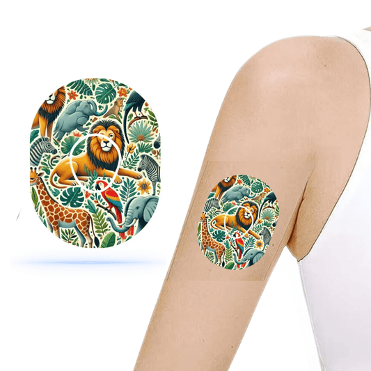 Animal Kingdom CGM-patchar för Dexcom G7 med djungelmotiv på arm.