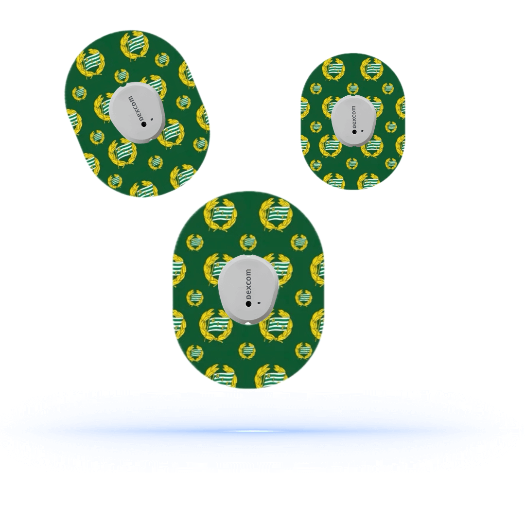 Gröna och vita Hammarby IF CGM overpatches för Dexcom G7 med klubbens emblem och färger.