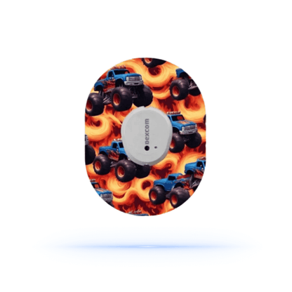 monstertruck CGM-sensor överpatches Dexcom G7 med färgstarkt monstertruck-motiv