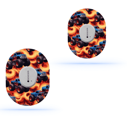 Monstertruck CGM-sensor överpatches Dexcom G7 med färgstarkt monstertruck-motiv för en lekfull look