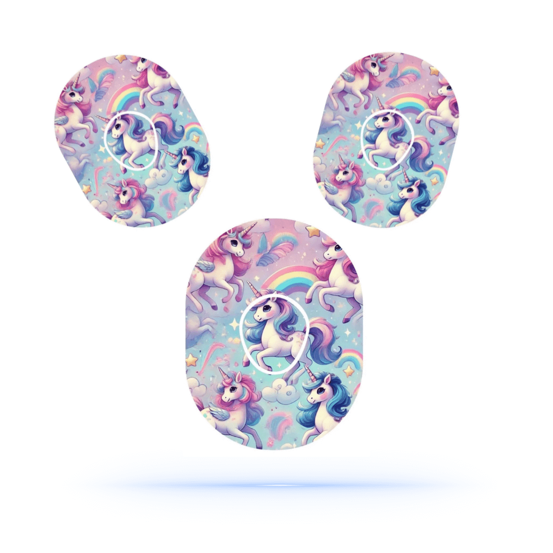 Unicorn CGM Overpatches för Dexcom G7 Sensor med magiska enhörningar och regnbågar. Perfekt för extra stabilitet och stil.