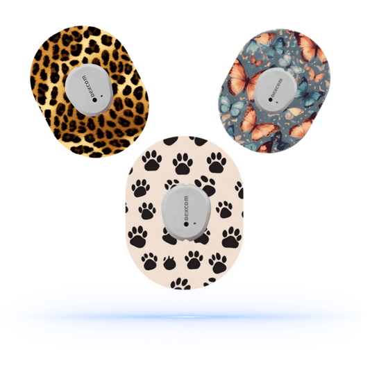 Dexcom G7 Animal MixPack CGM Patches med leopard, butterfly och tassmönster.