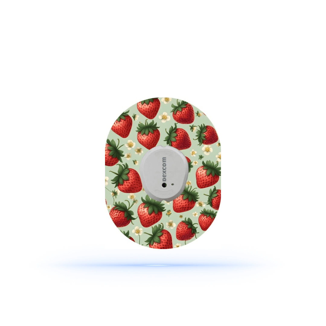 Dexcom G7 frukt patchar med jordgubbsmönster från Fruit MixPack CGM Patches, skyddande och stilrent designad för din sensor.