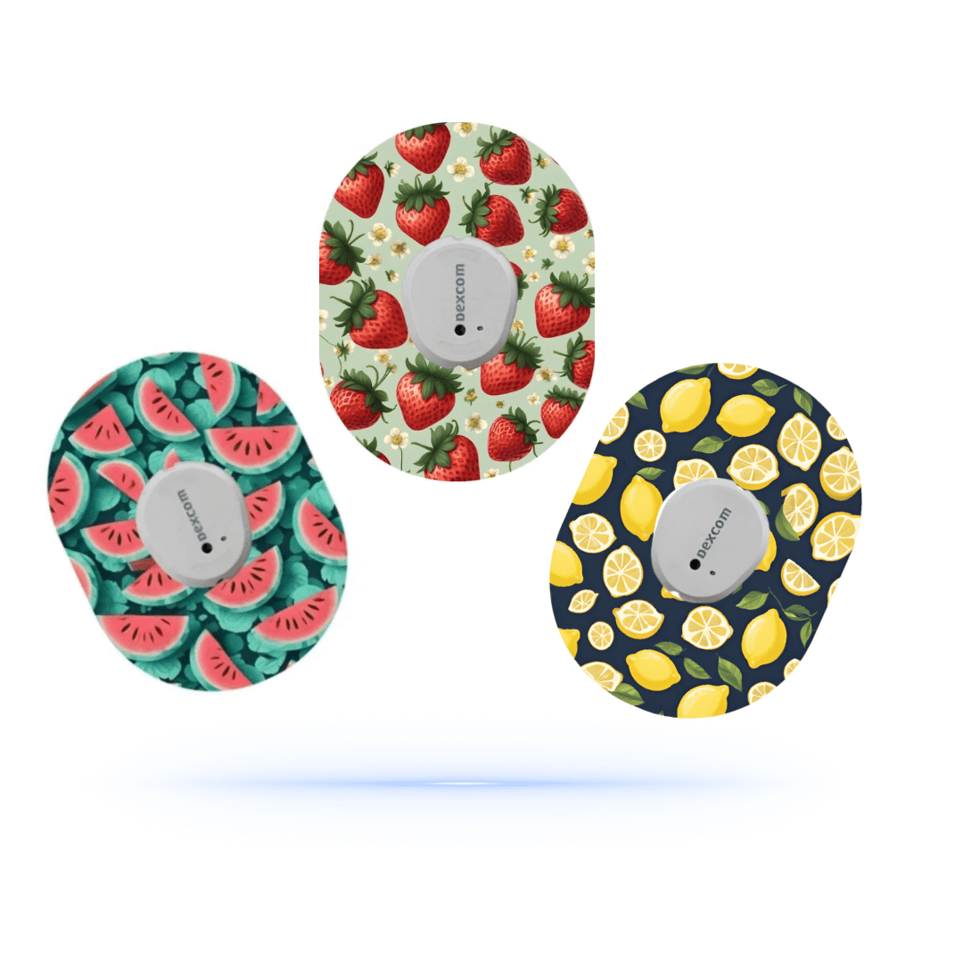 Dexcom G7 frukt patchar med citron, melon och jordgubbe design från Fruit MixPack CGM Patches (3-pack)