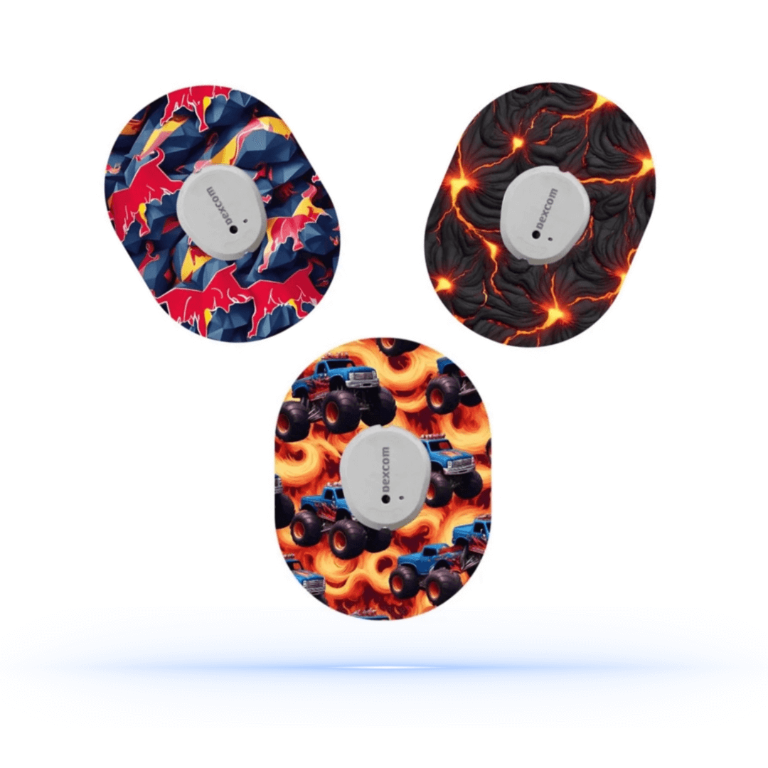 Dexcom G7 Power MixPack CGM-Sensor överplåster med Xtream, Fire Monstertruck och Lava designer, 3-pack