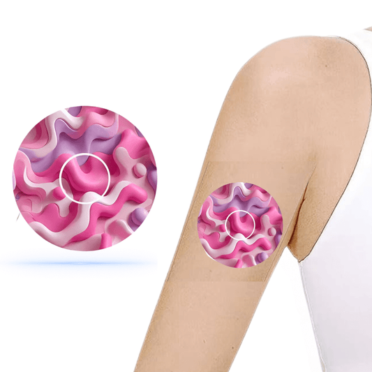 Camouflage Army Pink CGM Sensor Patch för Freestyle Libre 3 med rosa camouflagemönster och sensor sticker på arm.