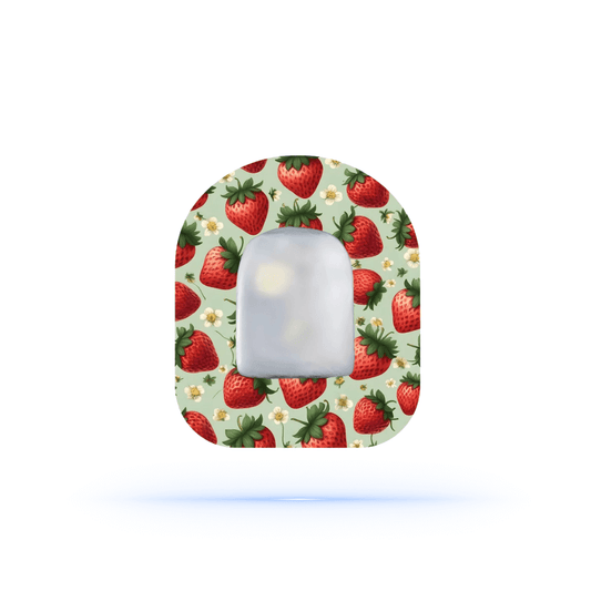 Omnipod jordgubbsmönster overpatch med färgglatt skydd och söt jordgubbsmotiv, designad för säkerhet och personlig stil.