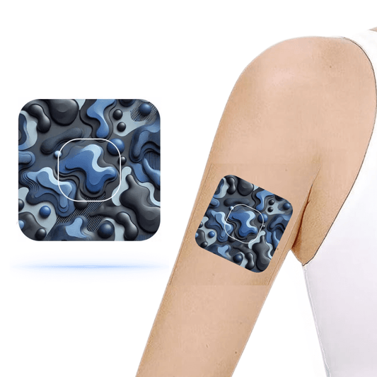 Simplera Sync overpatches Camouflage Army Blue med sensorsticker för CGM skydd och stöd