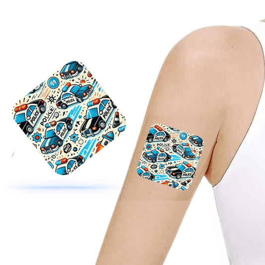 Polisbilar CGM sensor patches på arm, överpatch för Medtronic Simplera med polisbilsmotiv