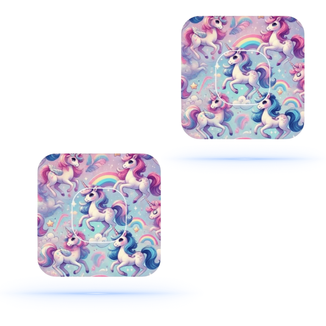 Unicorn Ponny CGM overpatches med färgglada enhörningsmotiv för sensorbeskydd, perfekt för Freestyle Libre 3.