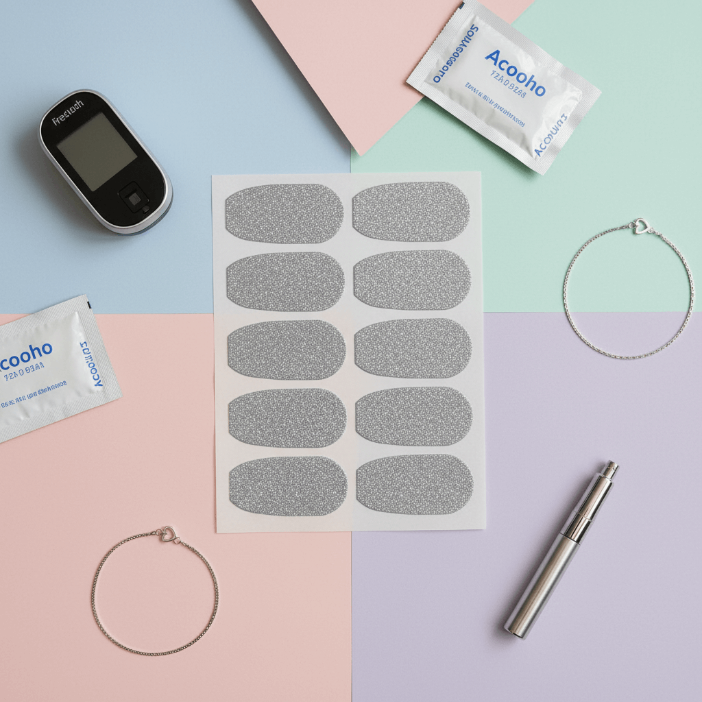 Silvriga glitterstickers för Dexcom G6, omgivna av två armband, sensor, och rengöringsdukar på ett färgglatt underlag.