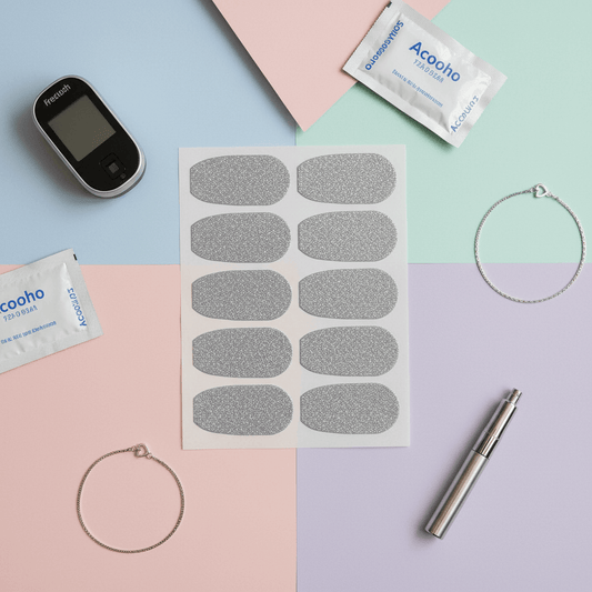 Silvriga glitterstickers för Dexcom G6, omgivna av två armband, sensor, och rengöringsdukar på ett färgglatt underlag.